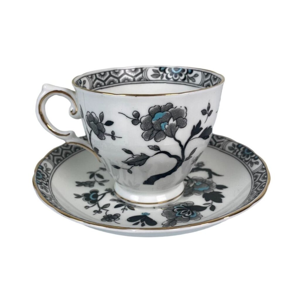 Vintage Tuscan Fine English Bone China Teacup & Saucer Set Gray Blue Floral